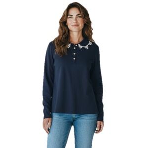 Lands' End Top Polo Women XL Lace-trimmed Peter Pan Collar Long Sleeve Navy Blue